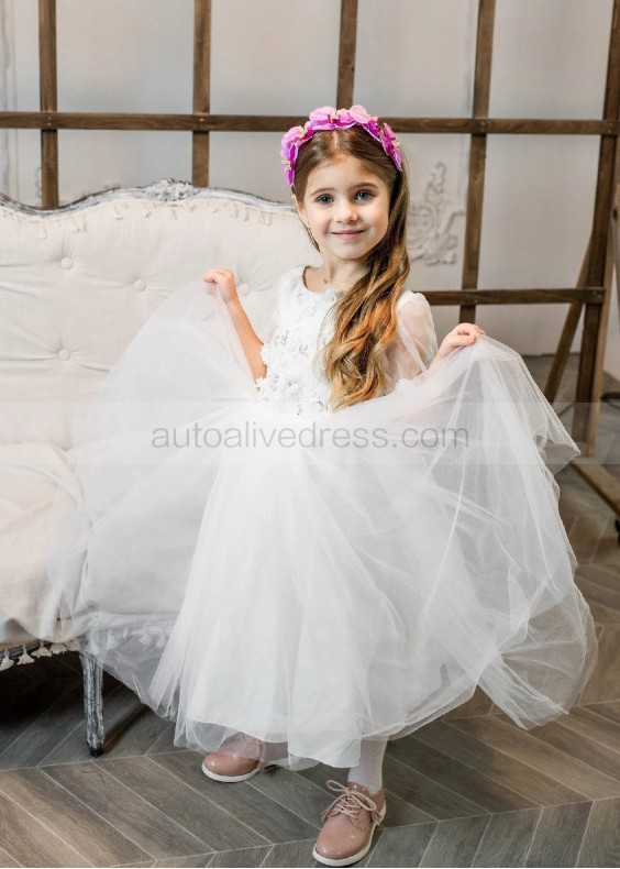 Elbow Sleeves Beaded Ivory Lace Tulle Flower Girl Dress